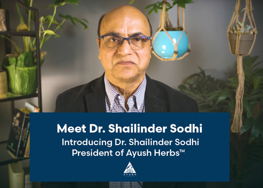 Dr. Shailinder Sodhi, President of Ayush Herbs, is featured in a professional setting, showcasing leadership in herbal medicine.