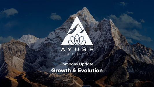 ayush herbs white logo over an image of a mountain illustrating company update for growth and evolution