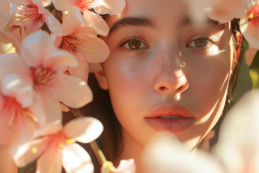 A woman’s face beautifully decorated with pink flowers, enhancing her features and adding a touch of elegance.