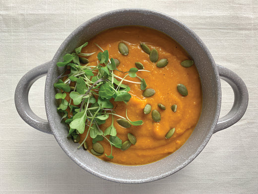 A bowl of butternut squash soup filled with fresh sprouts and vibrant carrots, showcasing a healthy and colorful meal.