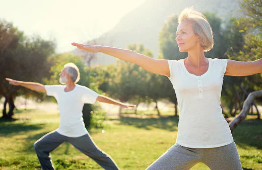 Two individuals practicing yoga in a serene park setting, surrounded by greenery and natural light.