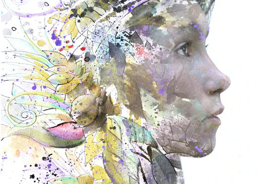 A close-up of a woman's face, beautifully painted with an array of colorful swirls, showcasing artistic expression.