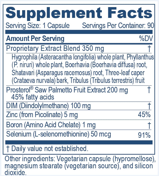 Supplement facts label with detailed ingredient list of Prostate, a product of Ayush Herbs