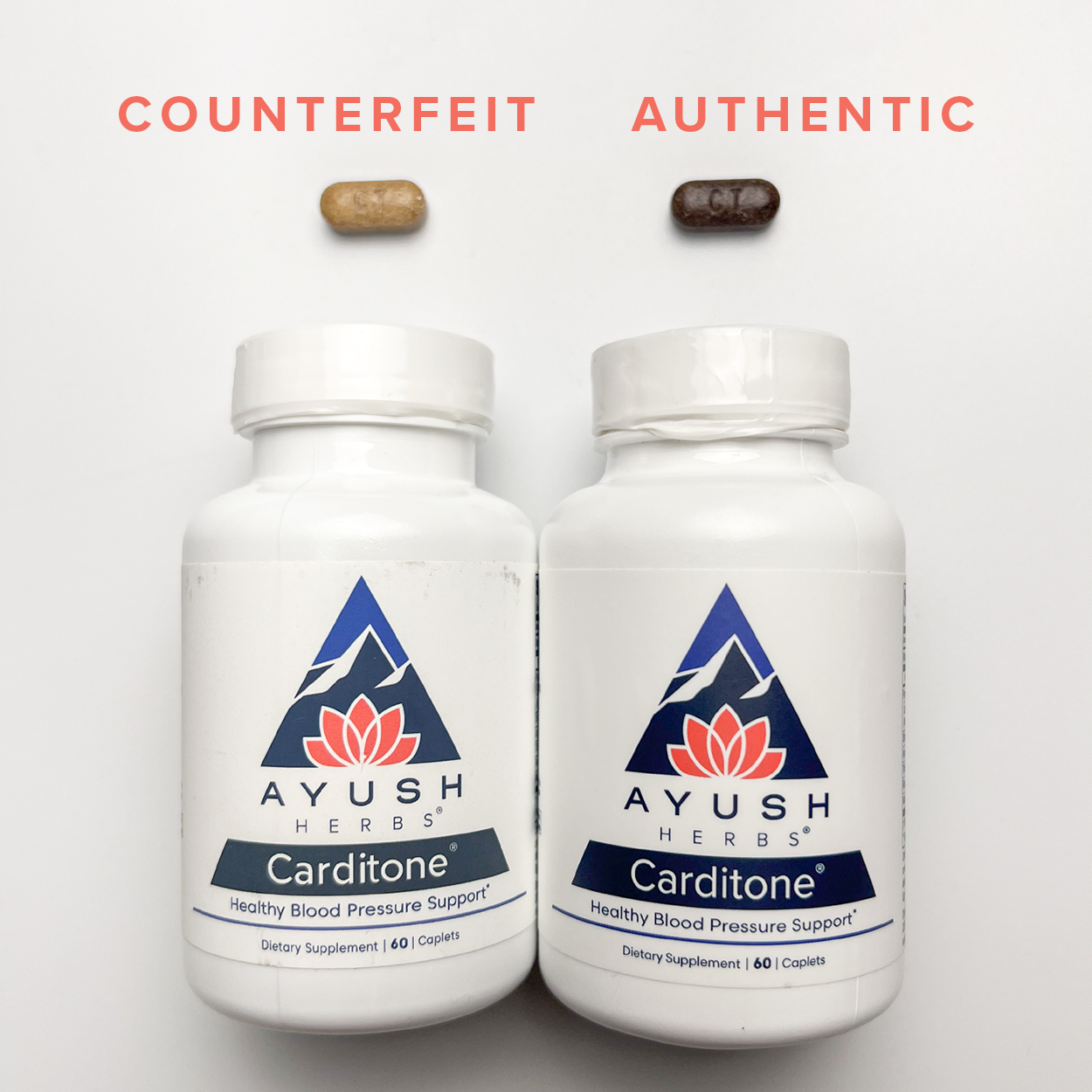 Counterfeit Carditone front and capsule comparison