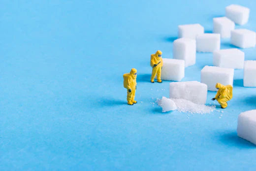 Tiny people encircle sugar cubes, depicting a charming tableau of miniature life amidst sugary delights