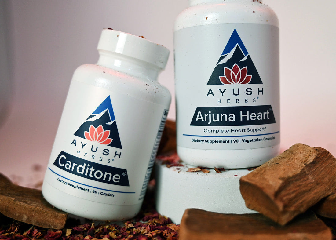 Two Ayush Herb Products Carditone & Arjuna Heart bottles arranged on a table, emphasizing their refreshing essence and attractive packaging.