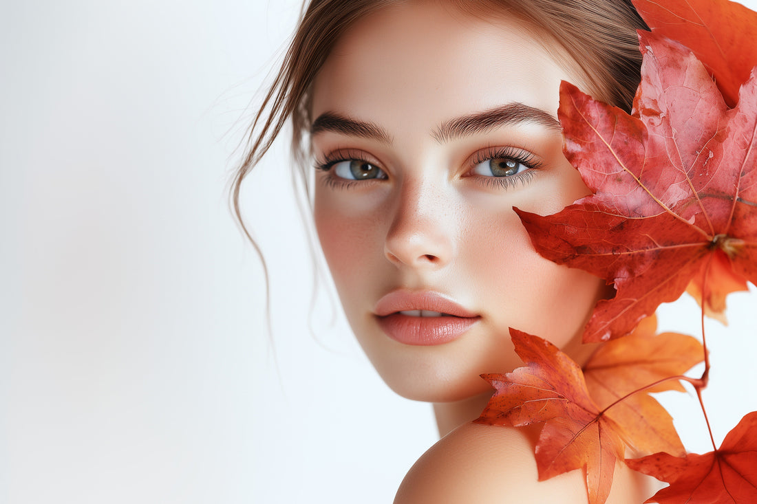 A stunning woman with colorful autumn leaves artistically arranged on her face, embodying the beauty of fall.