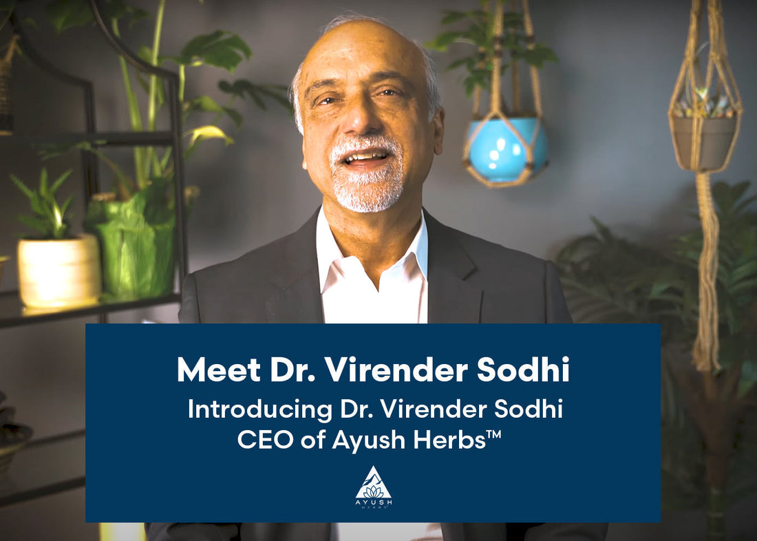 Dr. Virender Sodhi, CEO of Ayush Herbs, is introduced in a professional setting, showcasing leadership in healthcare.