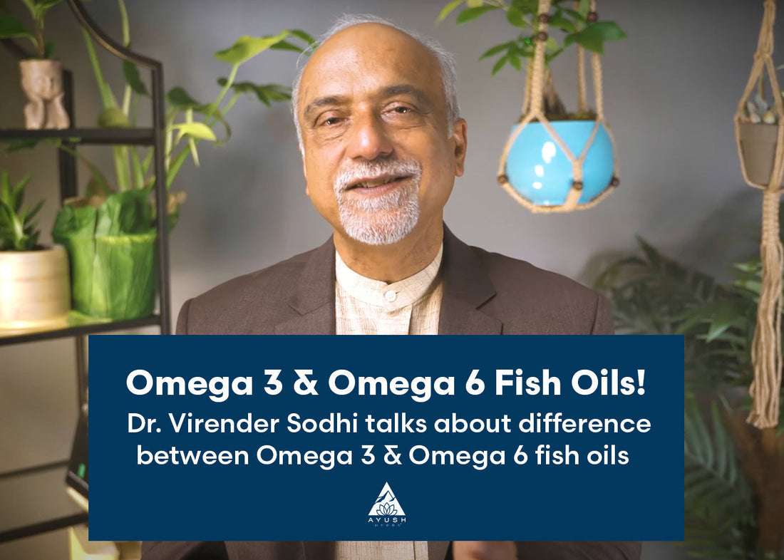 Dr. Virender Sodhi Omega-3 and omega-6 fish oil capsules displayed, emphasizing their importance for heart and brain health.