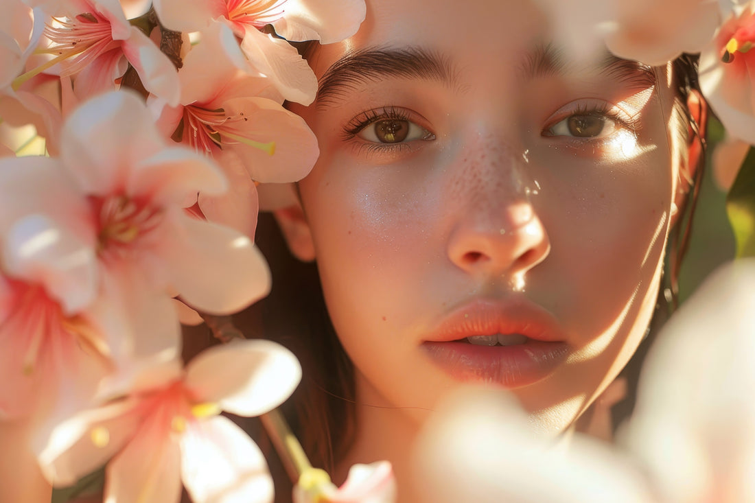 A woman’s face beautifully decorated with pink flowers, enhancing her features and adding a touch of elegance.
