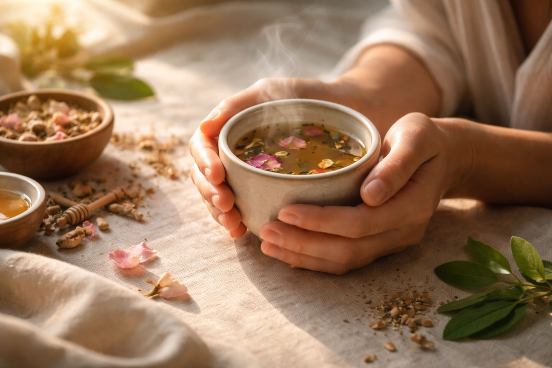 holding cup of hot soup