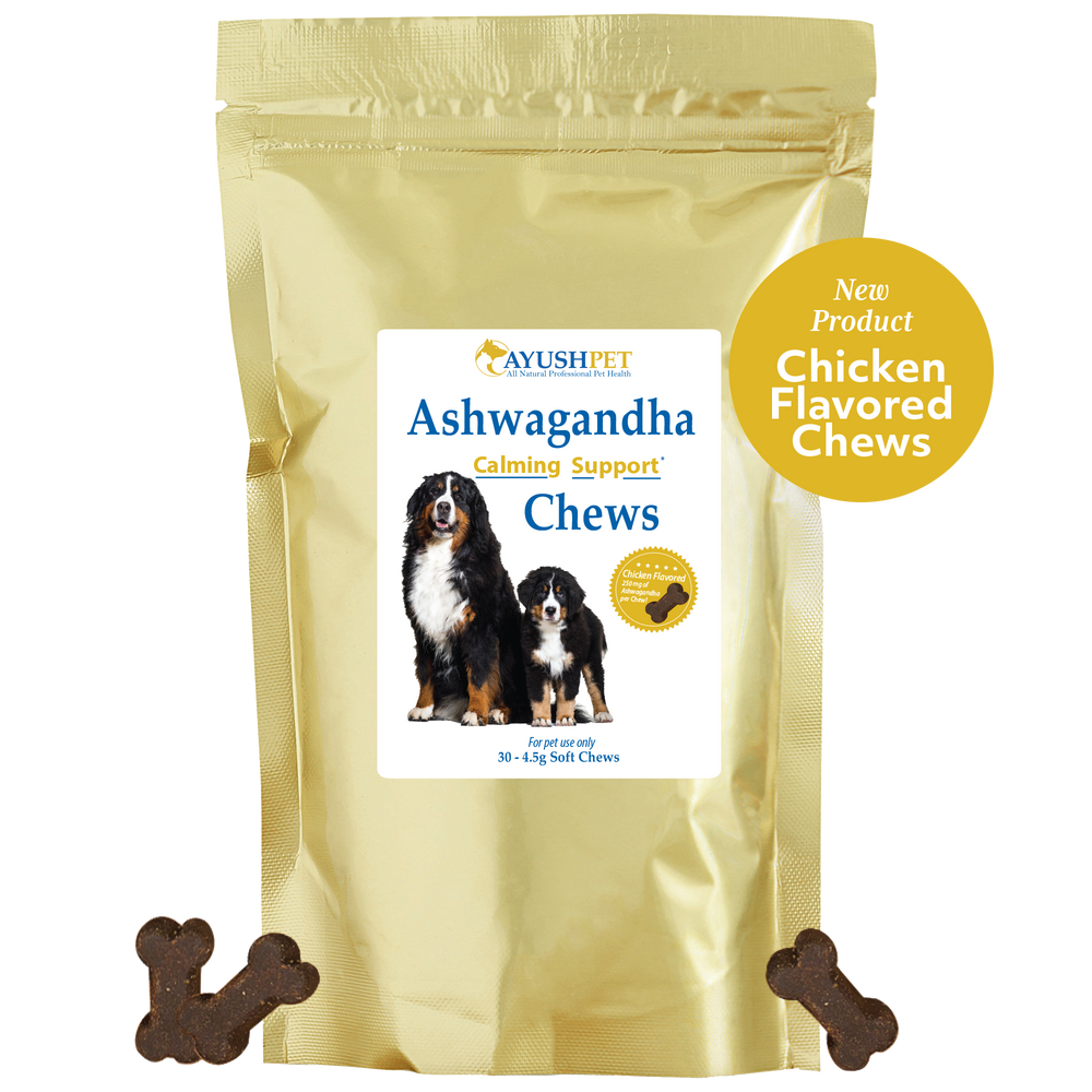 
                  
                    Ashwagandha Pet Chews Pouch with bones front by Ayush Pet herbal supplements
                  
                