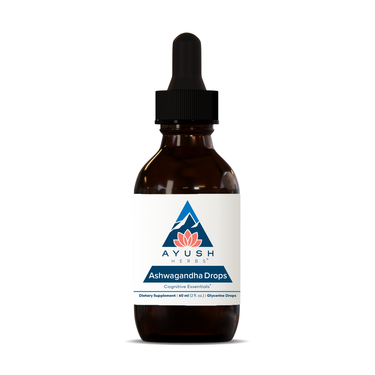 A dropper bottle of Ayush Herbs Ashwagandha Drops, with a white label displaying the product name.