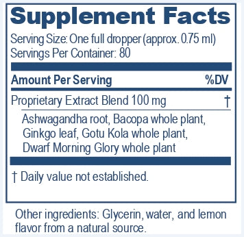 Supplement facts label with detailed ingredient of BacopaPlus drops from Ayush Herbs