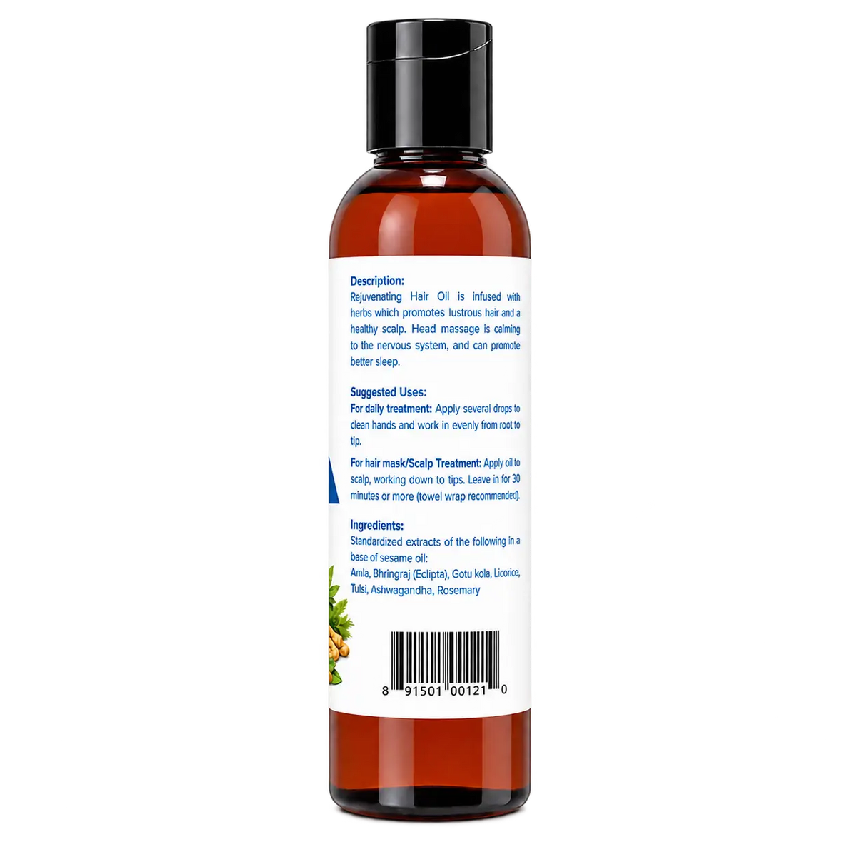 All new Ayush Herbs Hair Oil shot from the right side which shows what the product is how to use it and what the ingredients are used to make the oil which is stored in brown bottle.