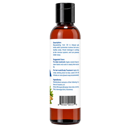 All new Ayush Herbs Hair Oil shot from the right side which shows what the product is how to use it and what the ingredients are used to make the oil which is stored in brown bottle.