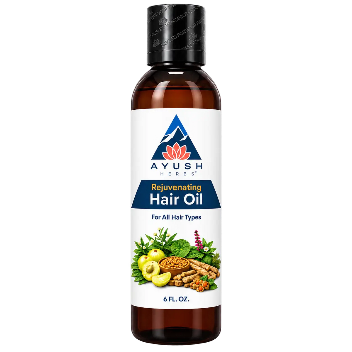 All new Ayush Herbs Rejuvenating Hair oil product shot from the front side in the brown bottle and all the ingredient shown on the bottle