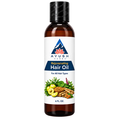 All new Ayush Herbs Rejuvenating Hair oil product shot from the front side in the brown bottle and all the ingredient shown on the bottle