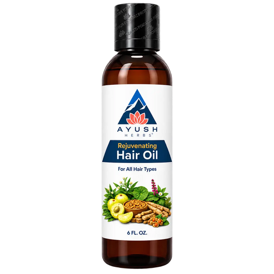 All new Ayush Herbs Rejuvenating Hair oil product shot from the front side in the brown bottle and all the ingredient shown on the bottle
