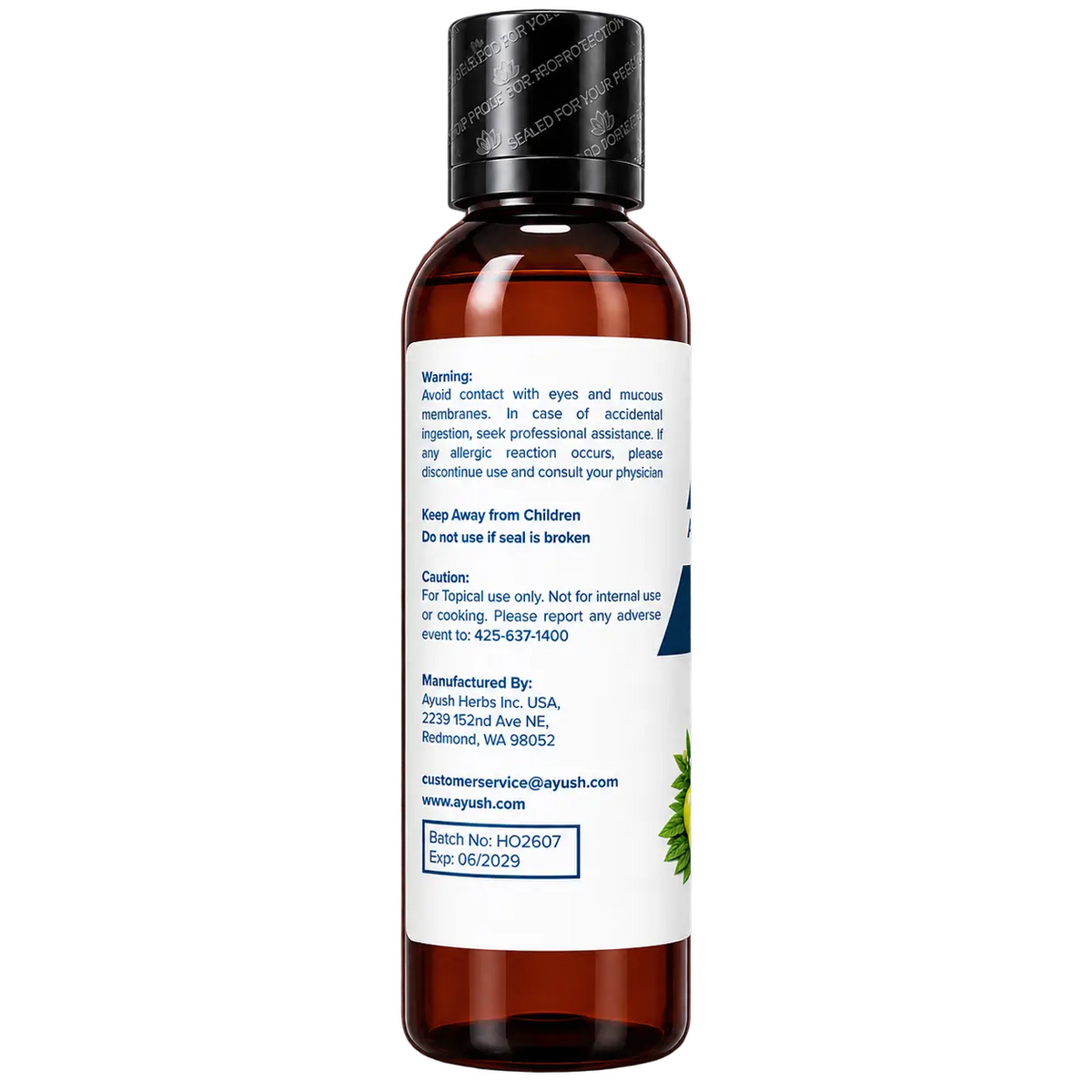 All new Ayush Herbs Hair Oil shot from the left side which showcase all the warnings and cautions and also the manufacturing details and the batch number and the expiration date