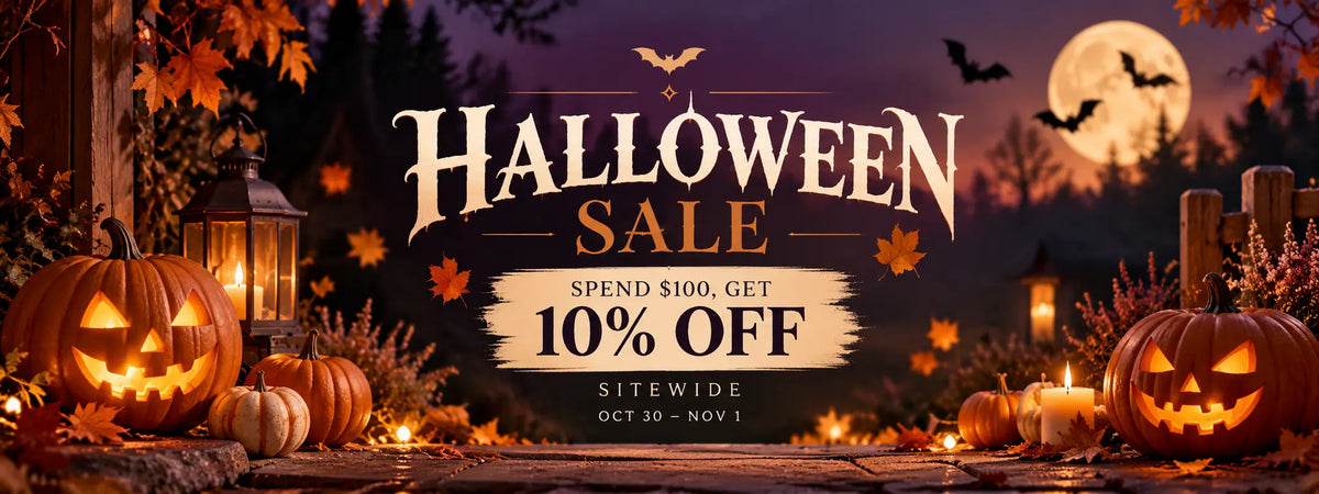Halloween sale promotional banner with carved pumpkins, lanterns, autumn leaves, bats, a full moon, and the text 'HALLOWEEN SALE', 'SPEND $100, GET 10% OFF', and 'SITEWIDE OCT 30 - NOV 1'.