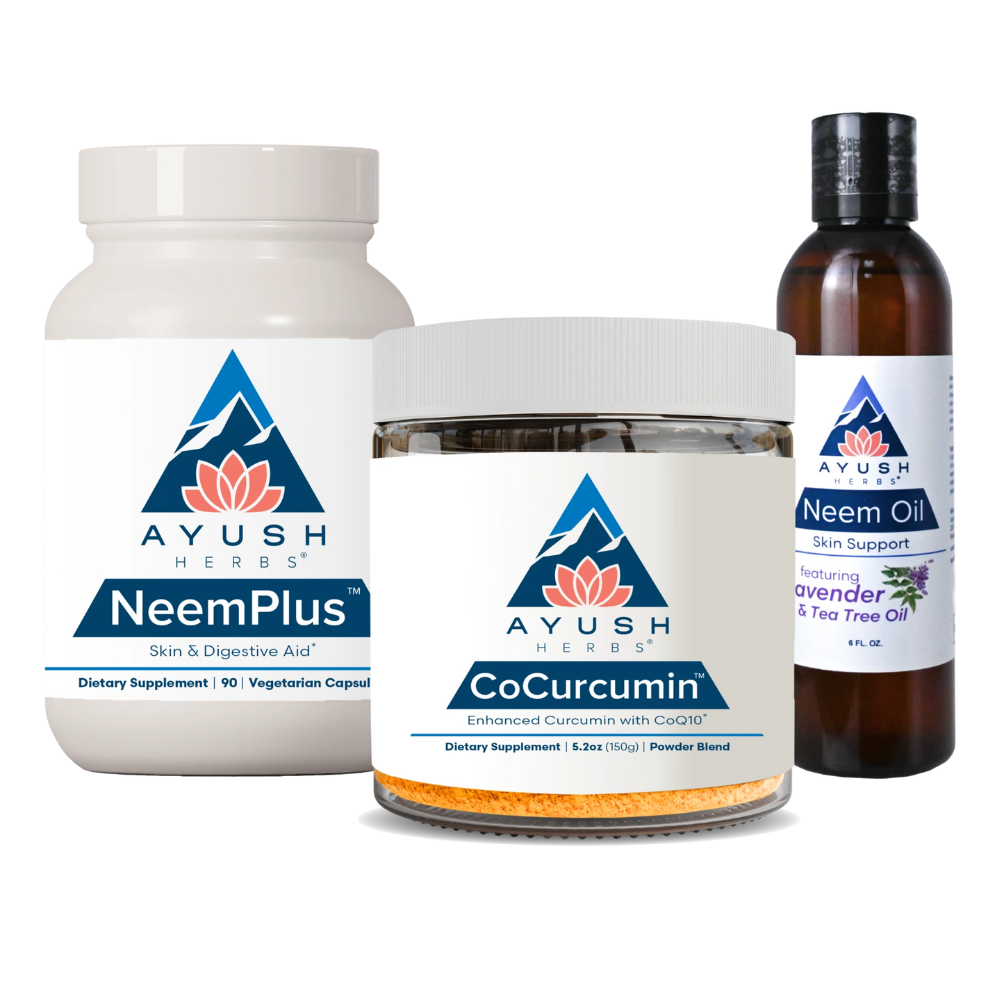Ayush Herbs products including NeemPlus, CoCurcumin, and Neem Oil on a white background