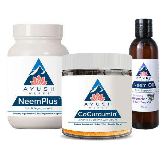 Ayush Herbs products including NeemPlus, CoCurcumin, and Neem Oil on a white background