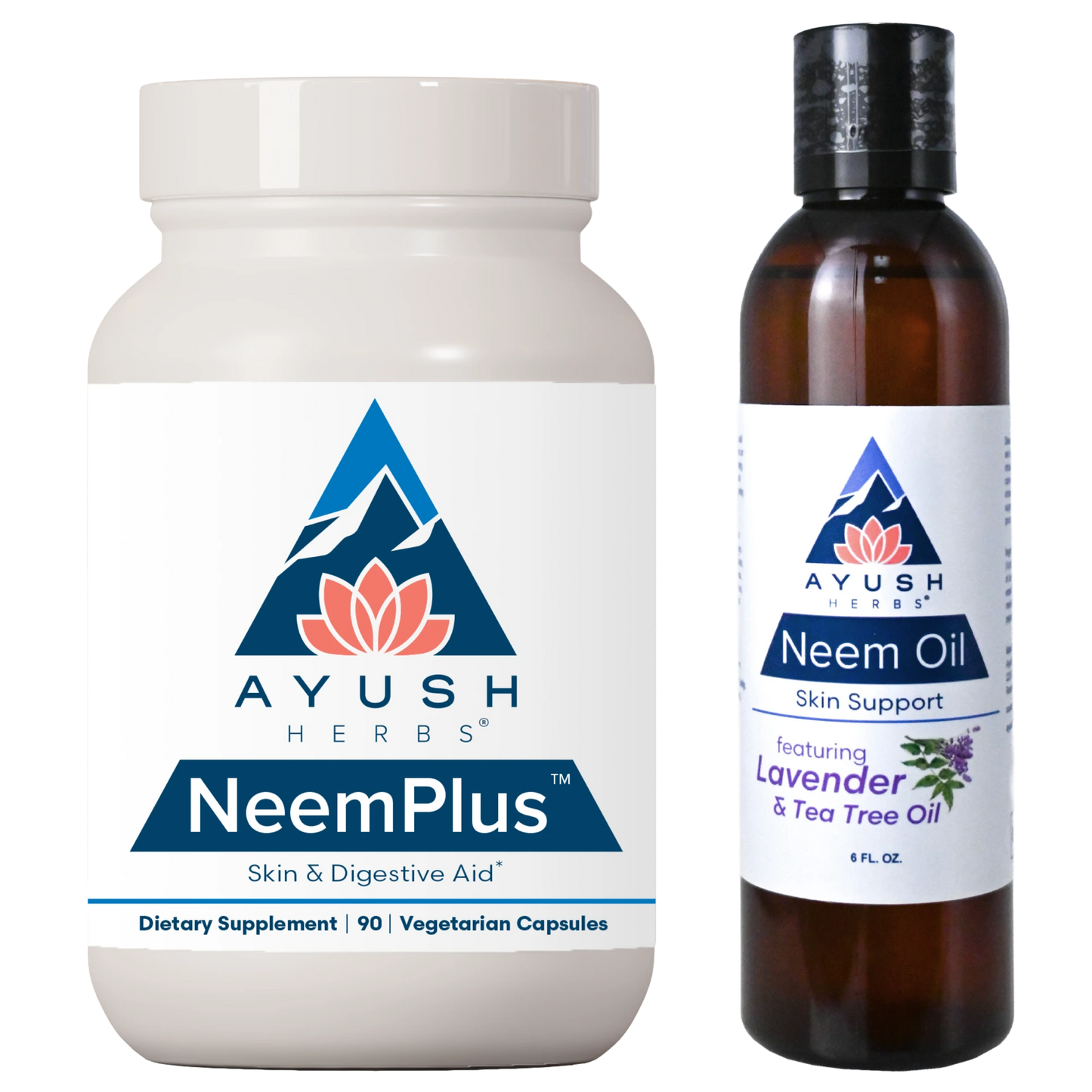 Ayush Herbs NeemPlus supplement bottle and Neem oil bottle on a white background