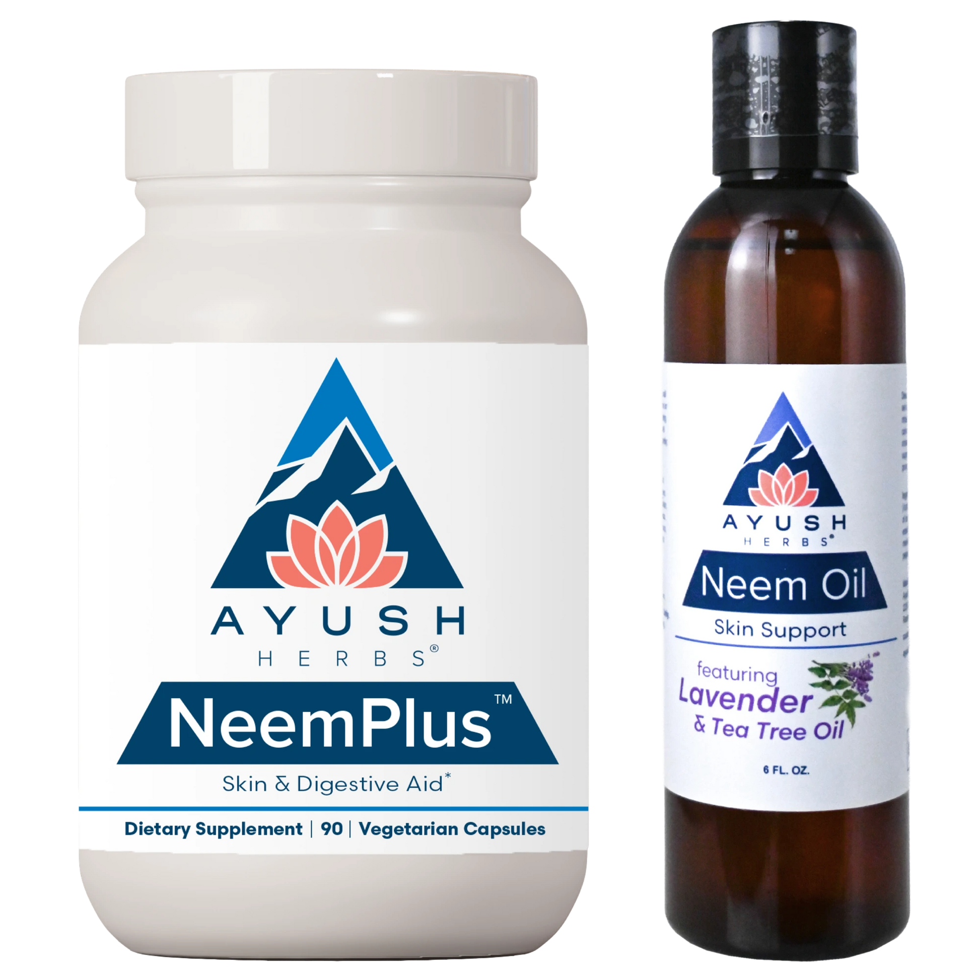 Ayush Herbs NeemPlus supplement bottle and Neem oil bottle on a white background