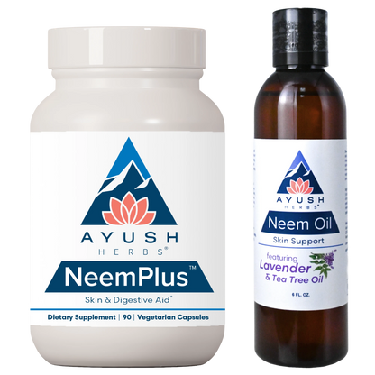 Ayush Herbs NeemPlus supplement bottle and Neem oil bottle on a white background