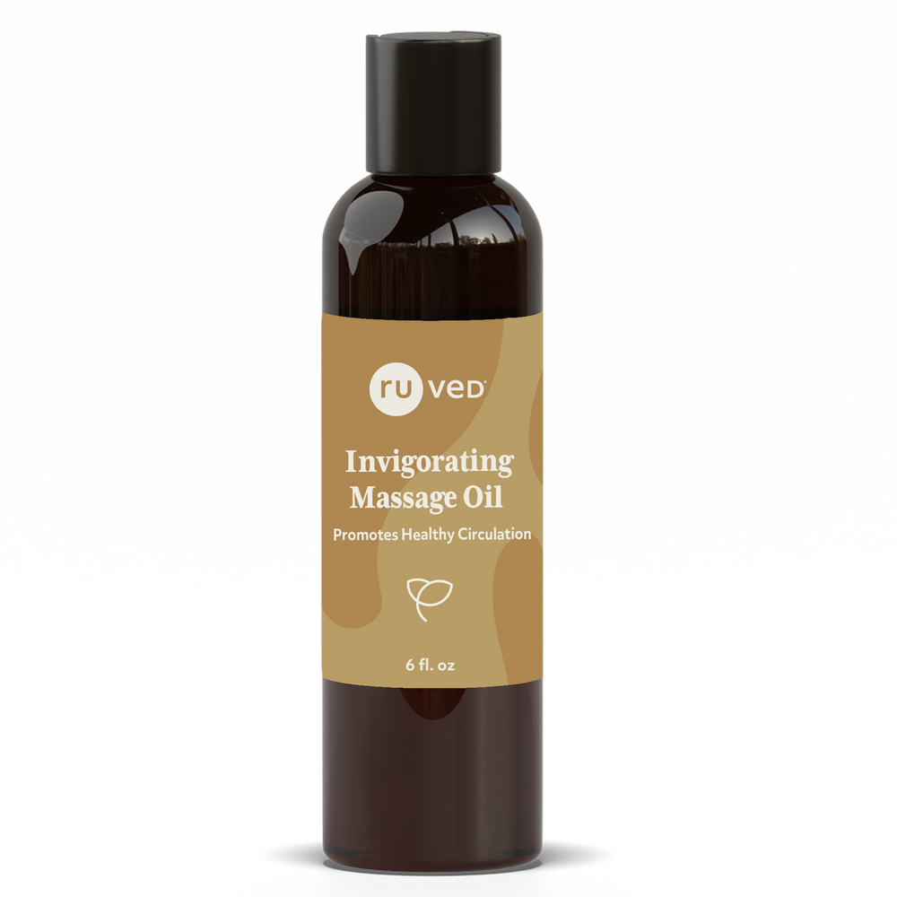 Invigorating Massage Oil bottle front by ruved herbal supplements and ayush herbs