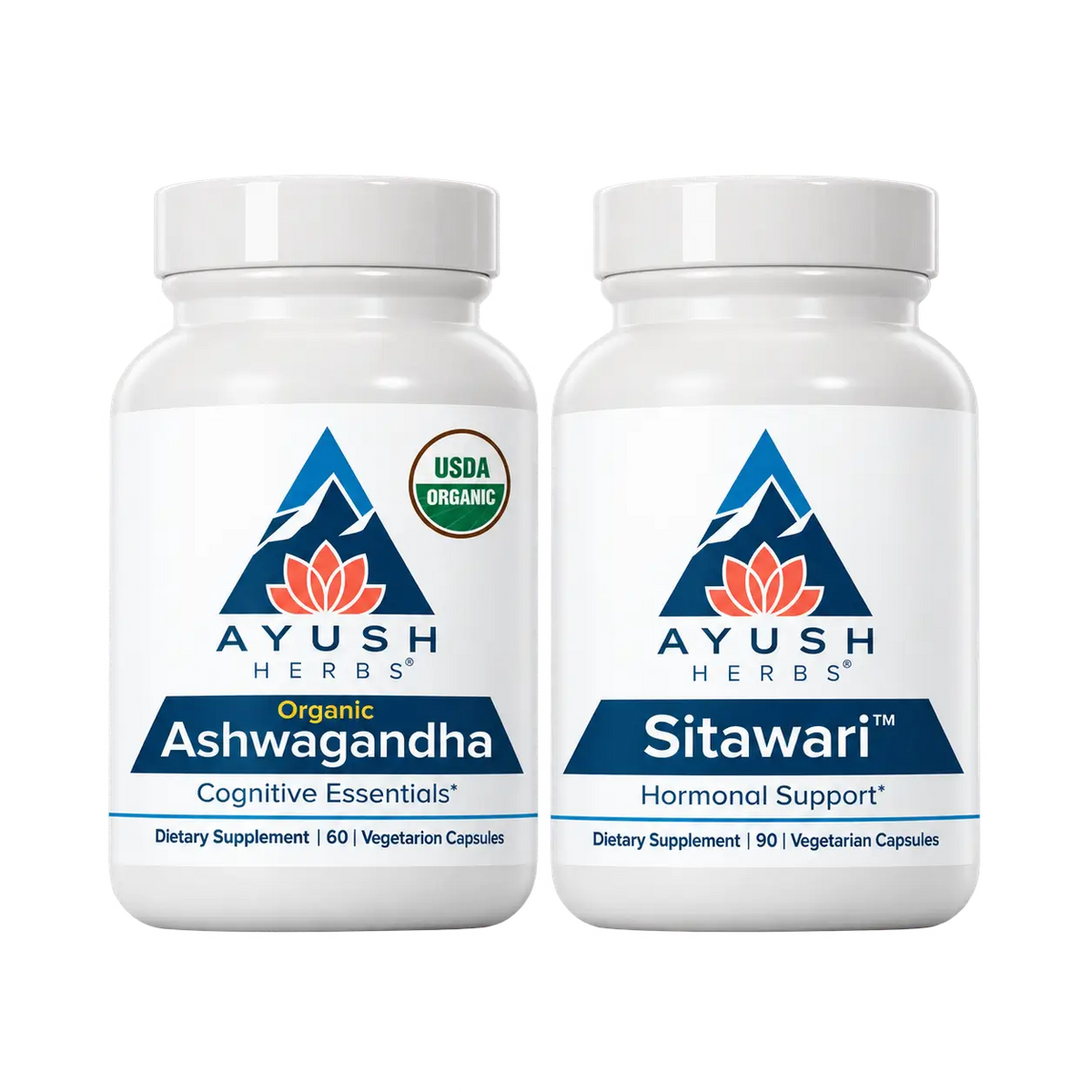 Two Ayush Herbs supplement bottles labeled 'Ashwagandha' and 'Sitawari' with herbs on a white background.