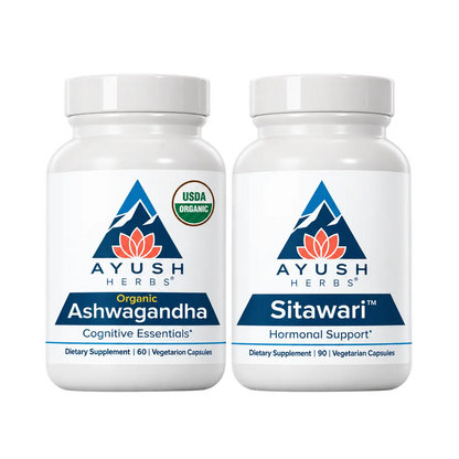 Two Ayush Herbs supplement bottles labeled 'Ashwagandha' and 'Sitawari' with herbs on a white background.