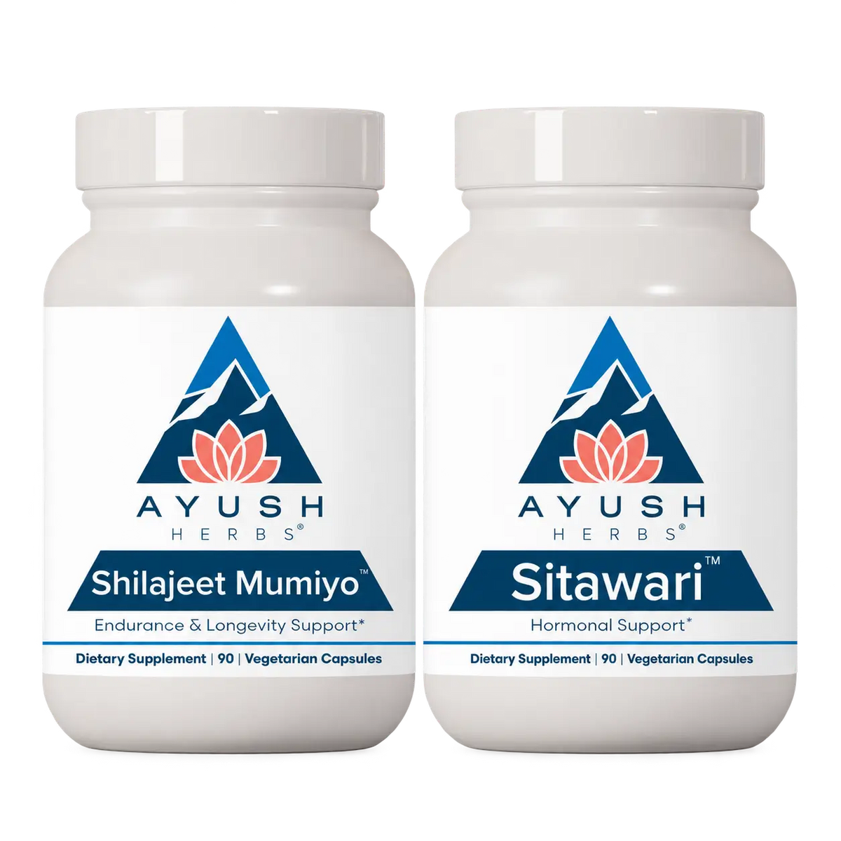 Two white plastic supplement bottles from Ayush Herbs on a plain white background. The left bottle is labeled 'Shilajeet Mumiyo' and the right bottle is labeled 'Sitawari', both with blue and pink branding and containing 90 vegetarian capsules.