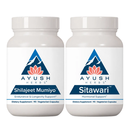 Two white plastic supplement bottles from Ayush Herbs on a plain white background. The left bottle is labeled 'Shilajeet Mumiyo' and the right bottle is labeled 'Sitawari', both with blue and pink branding and containing 90 vegetarian capsules.