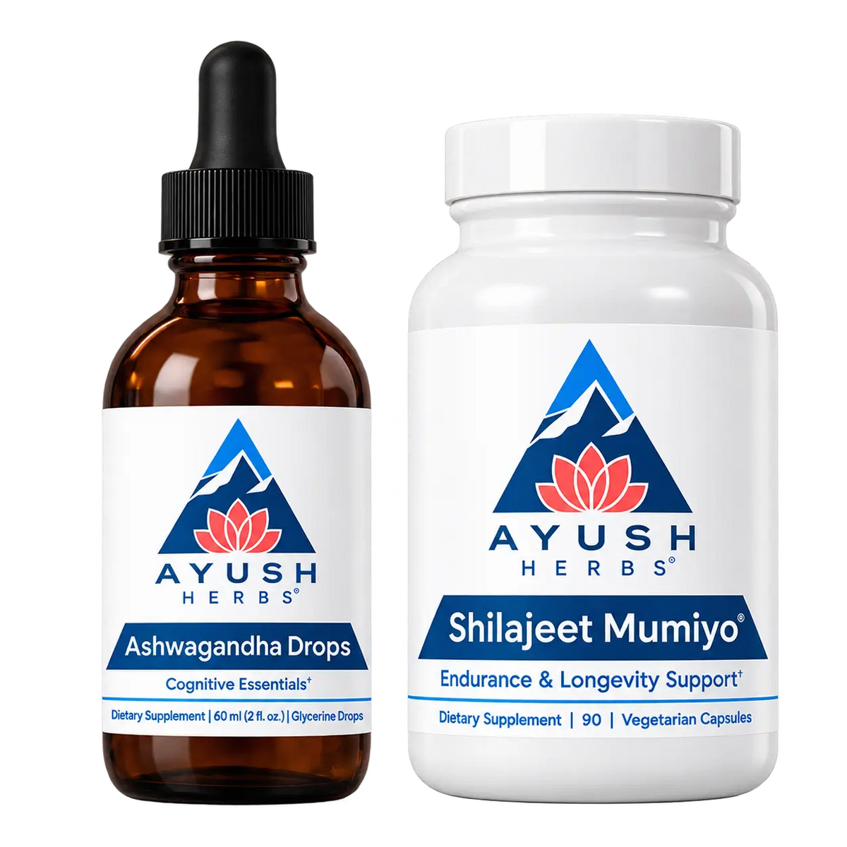 Two Ayush Herbs dietary supplement products on a plain white background: an amber glass dropper bottle labeled Ashwagandha Drops and a white plastic bottle labeled Shilajeet Mumiyo.