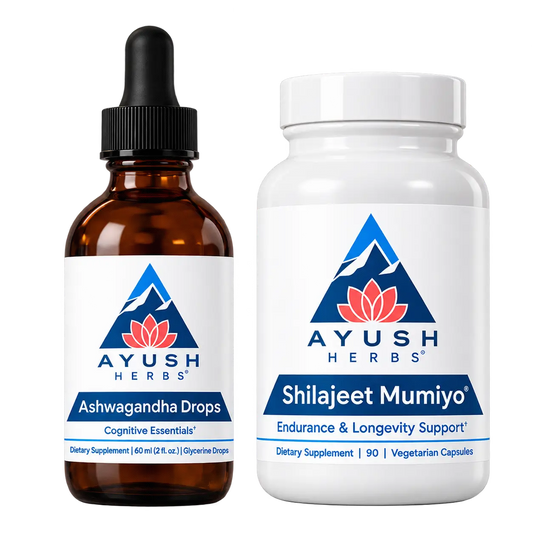 Two Ayush Herbs dietary supplement products on a plain white background: an amber glass dropper bottle labeled Ashwagandha Drops and a white plastic bottle labeled Shilajeet Mumiyo.