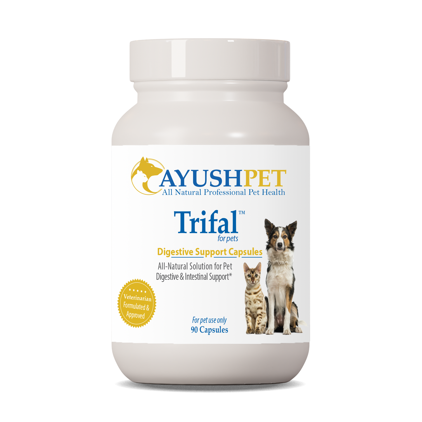 Trifal Pet Capsules Bottle front by Ayush Pet herbal supplements