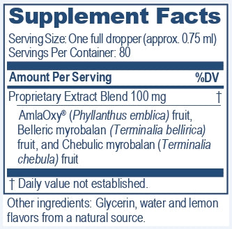 Supplement facts of Trifal Drops, a supplement of Ayush Herbs