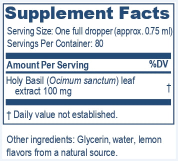 spplement facts of Tulsi Drops or the Holy Basil, a supplement of Ayush Herbs