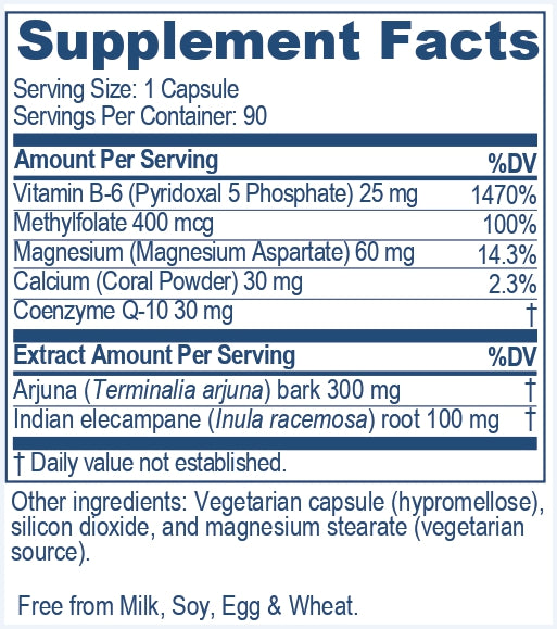 Supplement facts label with detailed nutritional information of Arjuna Heart