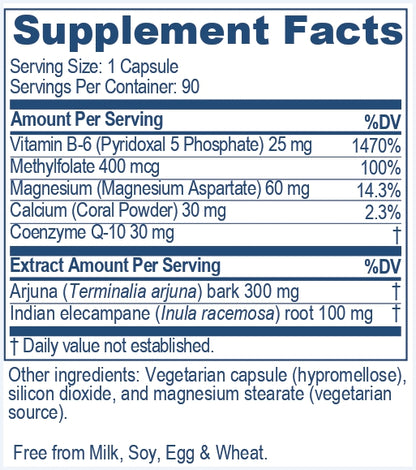 Supplement facts label with detailed nutritional information of Arjuna Heart