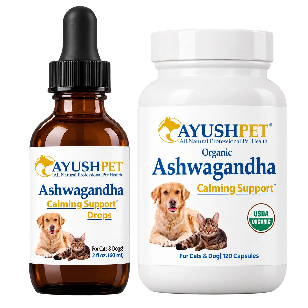 Pet Ashwagandha capsules and drops known for its adaptogenic properties to support your pet’s ability to adapt to stress by ruved herbal supplements and ayush herbs