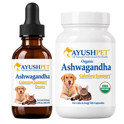 Pet Ashwagandha capsules and drops known for its adaptogenic properties to support your pet’s ability to adapt to stress by ruved herbal supplements and ayush herbs