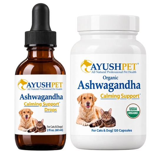 Pet Ashwagandha capsules and drops known for its adaptogenic properties to support your pet’s ability to adapt to stress by ruved herbal supplements and ayush herbs