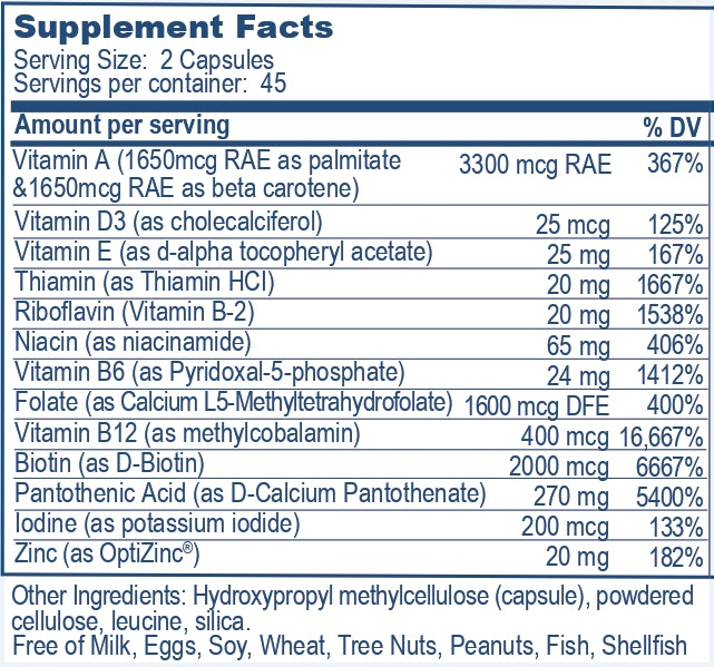 Supplement facts label with detailed nutritional information of Ayush Multi from Ayush Herbs