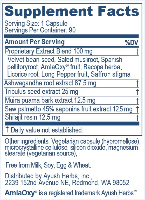 Supplement facts of AyuTest, a product of Ayush Herbs