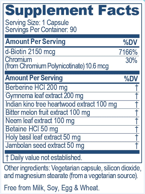Supplement facts label with various ingredient of BioGymnema from Ayush Herbs