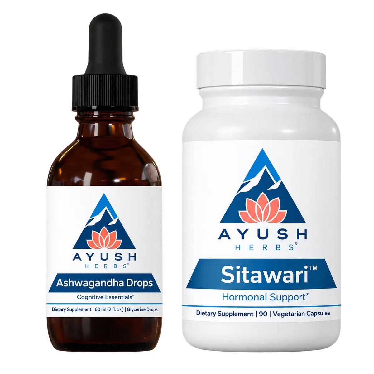 Two Ayush Herbs dietary supplement products on a plain white background: an amber glass dropper bottle labeled Ashwagandha Drops and a white plastic bottle labeled Sitawari.