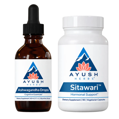 Two Ayush Herbs dietary supplement products on a plain white background: an amber glass dropper bottle labeled Ashwagandha Drops and a white plastic bottle labeled Sitawari.